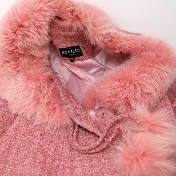 Ecaille Paris Designer Pink Fox Fur Trim Tweed Blazer Skirt Set - Picture 6 of 10